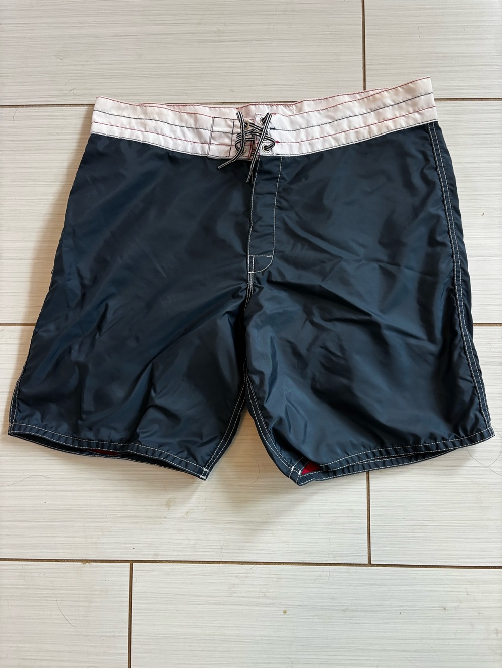 Birdwell Men's Navy Blue Swim Trunks with White Waistband